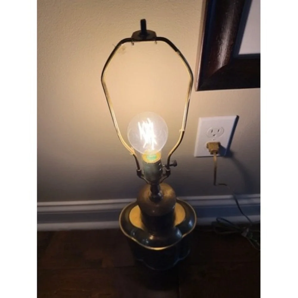 Vintage Brass Table Lamp‎ Asian Etched Bird Floral Bamboo Design Oriental Style